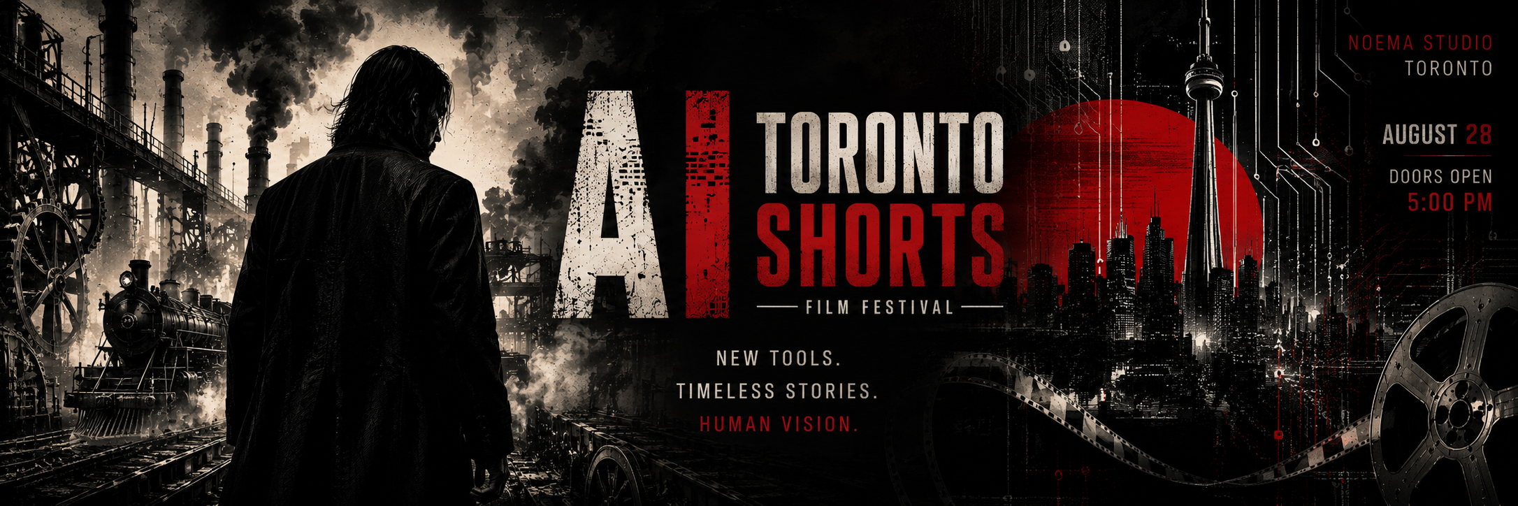 AI Toronto Shorts key art banner: a steam engine and smokestacks under a red sun beside the Toronto skyline