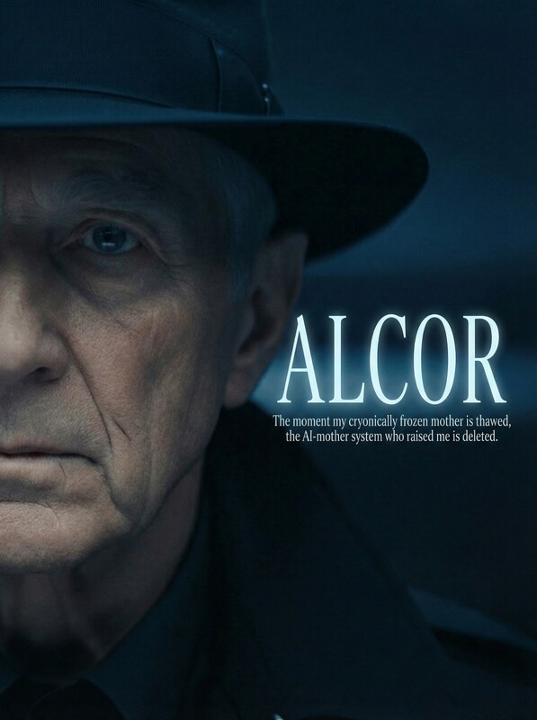 Poster for Alcor: a close portrait of an older man in a dark hat, half his face in shadow, with the logline about a cryonically frozen mother and an AI-mother system