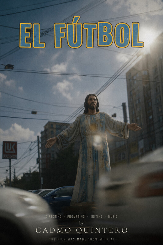 Poster for El Fútbol: a weathered statue of Christ with arms open standing in the middle of a sunlit city road as cars blur past