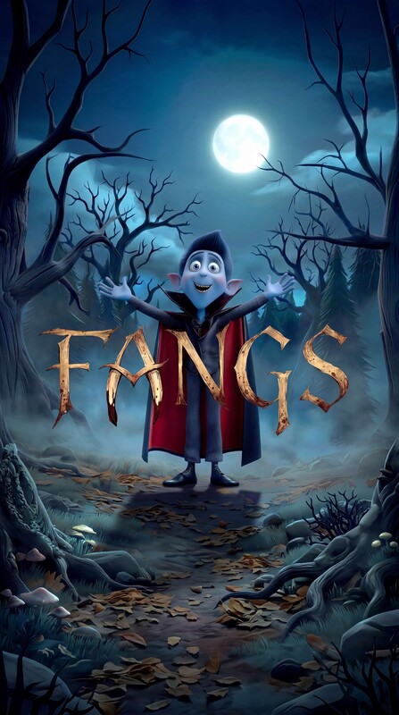 Poster for Fangs, The Veggie Vamp: a cheerful cartoon vampire boy with arms spread in a moonlit forest, the title carved in twig letters