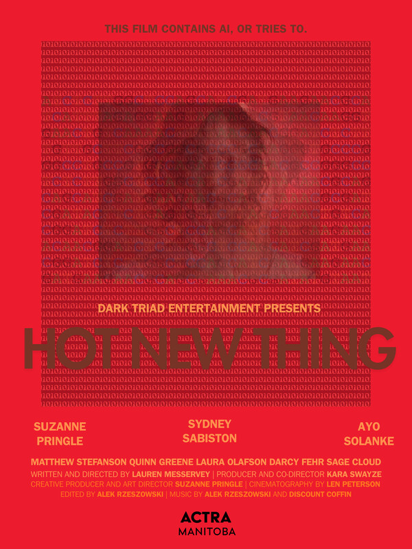 Poster for Hot New Thing: a flat red sheet with a face buried under a field of dense typed characters and the title in darker red capitals