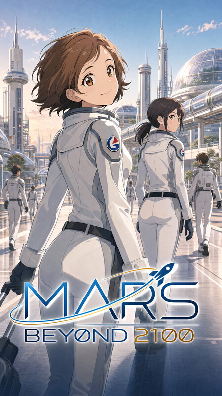 Poster for Mars Beyond 2100, anime style: a young woman in a white spacesuit looks back over her shoulder in a bright futuristic Martian city
