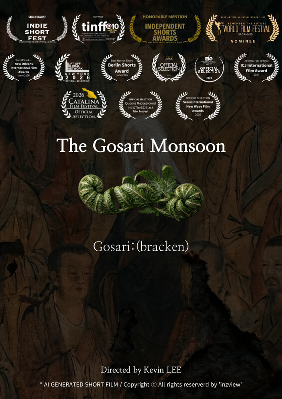 Poster for The Gosari Monsoon: young bracken ferns held against a dark Korean ink painting, laurels lining the top of the sheet