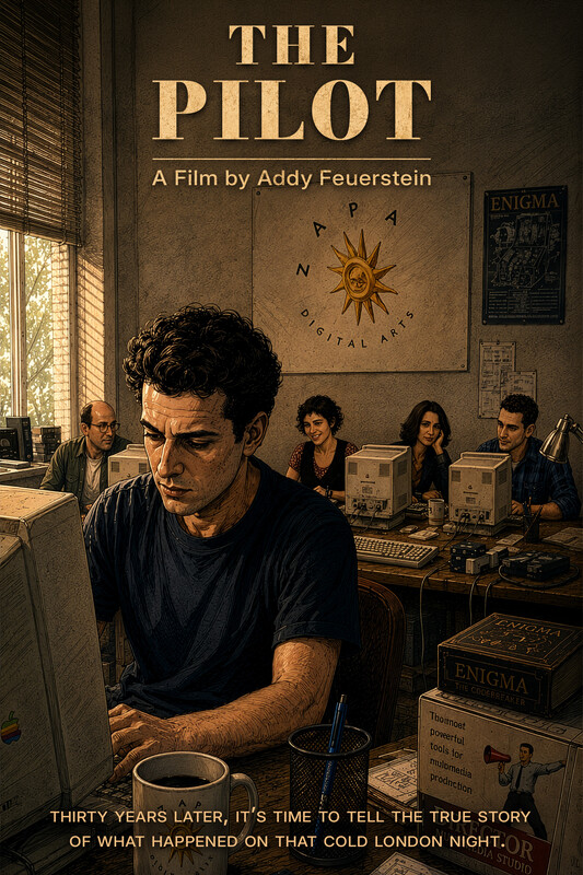 Poster for The Pilot: an illustrated 1990s studio room, a man hunched over a beige computer while colleagues work behind him