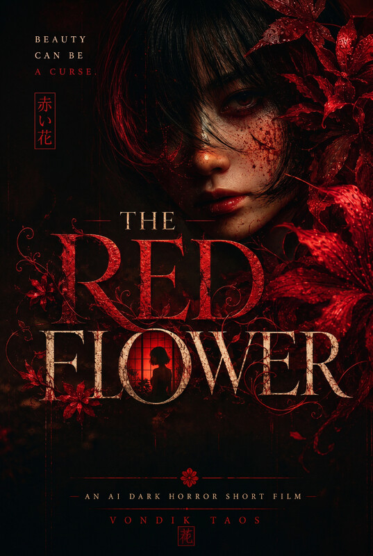 Poster for The Red Flower: a young woman half hidden behind blood-red lilies, the title set in tall serif capitals